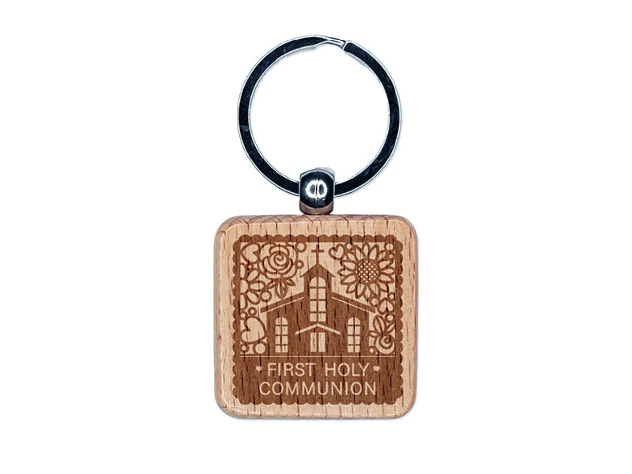 First Holy Communion Cute Chapel with Floral Scalloped Border Engraved Wood Square Keychain Tag Charm
